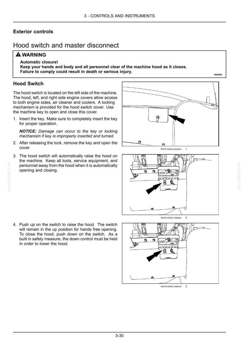 May include: A technical manual page titled 3 - CONTROLS AND INSTRUMENTS featuring black and white line drawings of a machine hood switch and master disconnect. The text provides safety warnings and instructions for operating the hood switch.