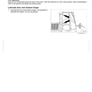 May include: Diagram from a maintenance manual showing a machine's frame and cab. The text instructs on lubricating door and window hinges, with an illustration pointing to the hinge locations. The page number is 7-81.