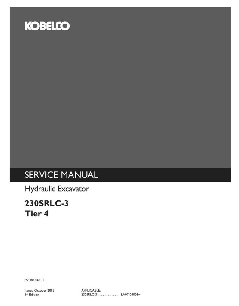 May include: A Kobelco service manual for a 230SRLC-3 Tier 4 hydraulic excavator. The cover is dark gray with white text reading Kobelco, Service Manual, Hydraulic Excavator, 230SRLC-3, Tier 4, SSYB0016E01, Issued October 2012, 1st Edition, Applicable 230SRLC-3.