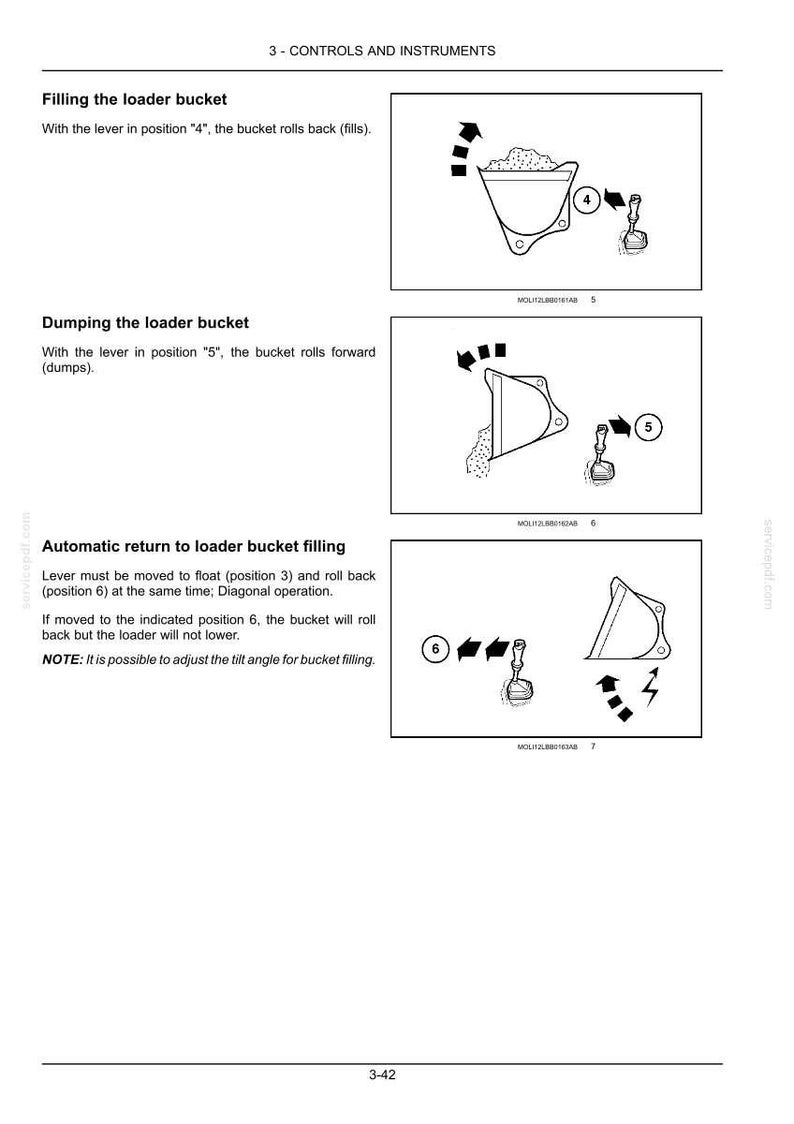 May include: A technical manual page titled 3-CONTROLS AND INSTRUMENTS showing three diagrams for operating a loader bucket. The illustrations depict lever positions 4, 5, and 6, demonstrating how to fill, dump, and return the bucket to a filling position.