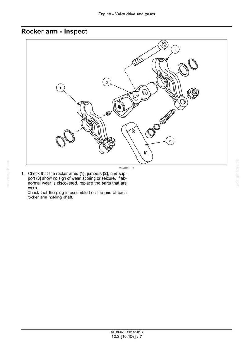 May include: Diagram of engine components, including rocker arms, jumpers, and support elements. The image includes labels and instructions for inspection, with measurements in inches.