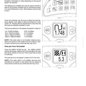 Puede incluir: Una p&aacute;gina de manual t&eacute;cnico titulada 3-CONTROLS AND INSTRUMENTS que detalla el monitor de rendimiento, el od&oacute;metro y el pronosticador de &aacute;rea por hora. Incluye diagramas de un panel de control con botones y pantallas digitales.