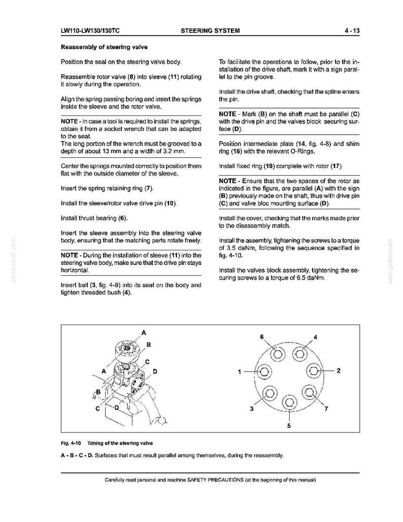 May include: Technical diagram from a steering system manual, featuring detailed instructions and illustrations for reassembly. Includes diagrams of valve components, with measurements in millimeters and torque specifications in daNm.