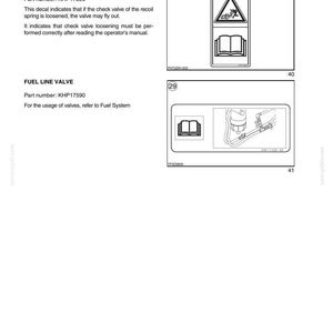 May include: Page from a manual with safety decals and diagrams. Includes a warning symbol with a flying object and a book icon. Text includes "CHECK VALVE" and "FUEL LINE VALVE".