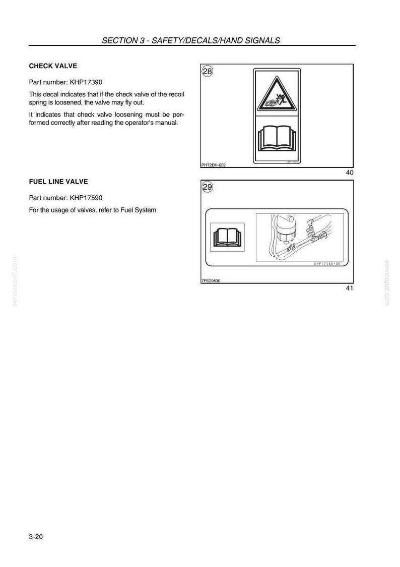 May include: Page from a manual with safety decals and diagrams. Includes a warning symbol with a flying object and a book icon. Text includes "CHECK VALVE" and "FUEL LINE VALVE".