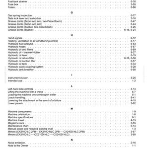 May include: A detailed page from a manual, featuring a table of contents with various machine components and operational instructions. The text includes sections on fuel systems, hydraulic systems, and safety procedures, with page numbers.