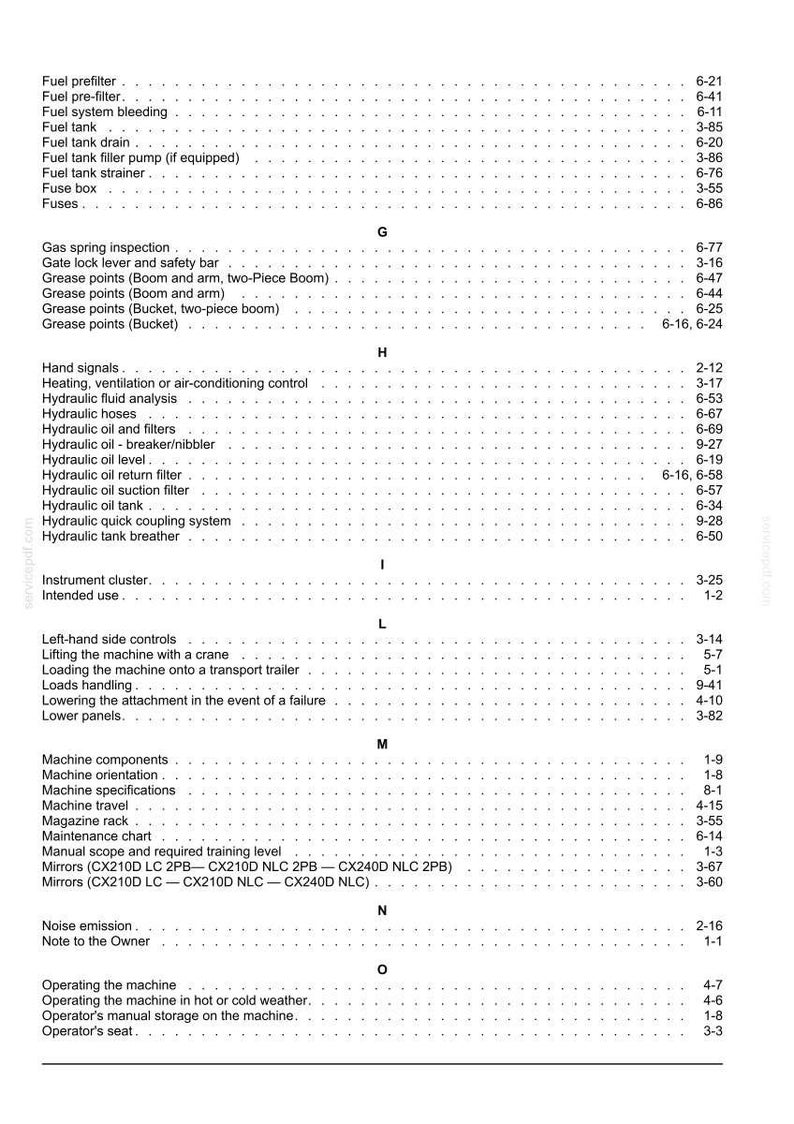 May include: A detailed page from a manual, featuring a table of contents with various machine components and operational instructions. The text includes sections on fuel systems, hydraulic systems, and safety procedures, with page numbers.