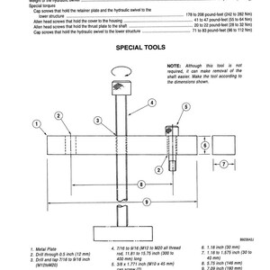 May include: Technical diagram with specifications for a hydraulic swivel. Includes measurements in inches and pounds, such as 40.1 U.S. gallons, 80 pounds, and various screw sizes. The diagram also details special tools needed.