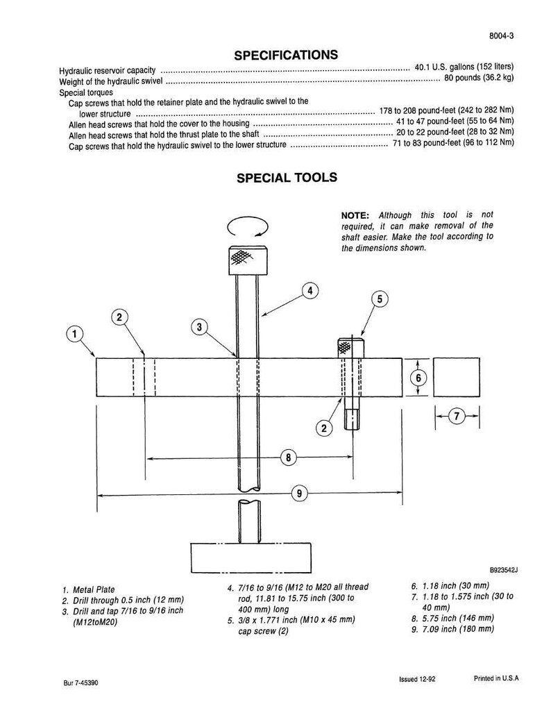 May include: Technical diagram with specifications for a hydraulic swivel. Includes measurements in inches and pounds, such as 40.1 U.S. gallons, 80 pounds, and various screw sizes. The diagram also details special tools needed.