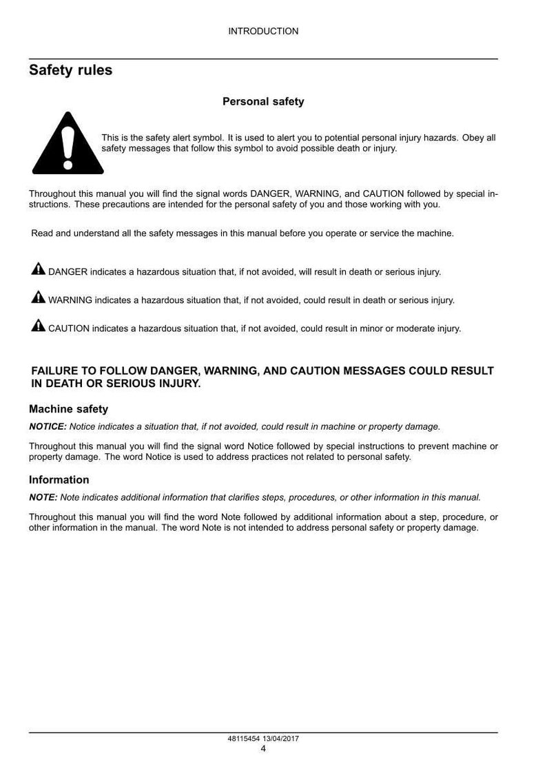 May include: A white document with black text detailing safety rules, including personal and machine safety. The document uses an exclamation point within a triangle as a safety alert symbol. It also includes the date 13/04/2017.