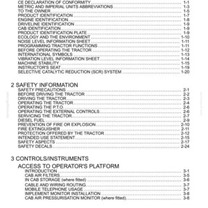 May include: A black and white document page titled Contents, listing sections for General Information, Safety Information, and Controls/Instruments for a tractor, including sub-topics like CE Declaration of Conformity, Safety Precautions, and Operator's Seat.