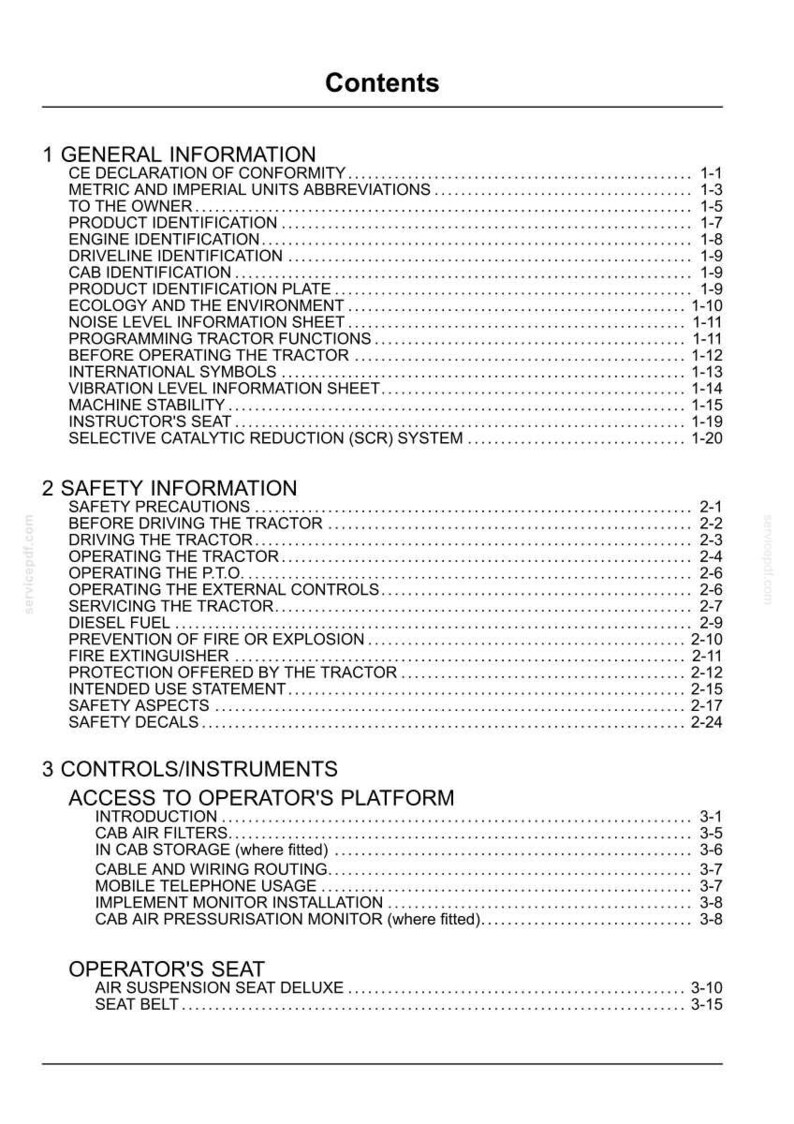 May include: A black and white document page titled Contents, listing sections for General Information, Safety Information, and Controls/Instruments for a tractor, including sub-topics like CE Declaration of Conformity, Safety Precautions, and Operator's Seat.