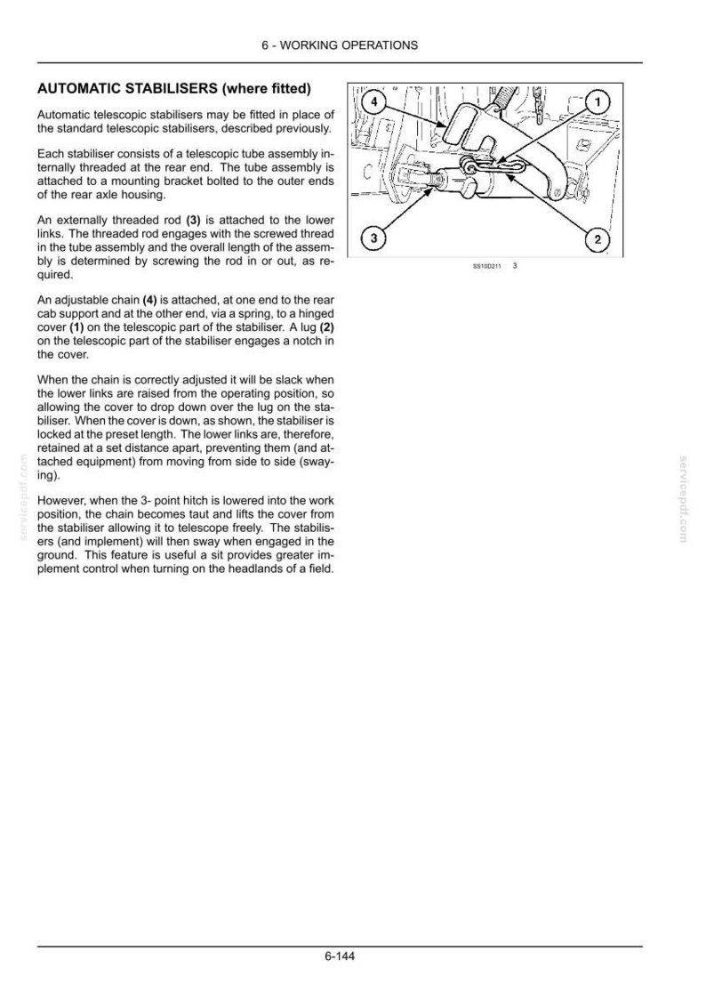 May include: A technical manual page titled 6-WORKING OPERATIONS featuring a black and white line drawing of an automatic stabilizer mechanism. The diagram includes numbered components 1, 2, 3, and 4, with detailed text explaining the assembly.