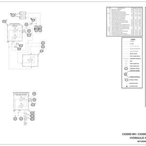 May include: A detailed hydraulic schematic for a CX290D MH / CX290D SL excavator. The diagram is in black and white, featuring various components, lines, and symbols. Includes a legend and a list of items with descriptions. The text "HYDRAULIC SCHEMATIC" is visible.
