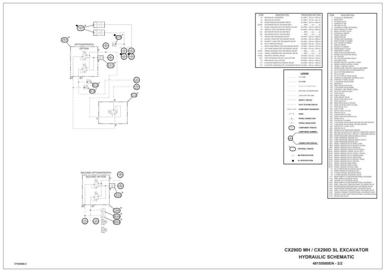 May include: A detailed hydraulic schematic for a CX290D MH / CX290D SL excavator. The diagram is in black and white, featuring various components, lines, and symbols. Includes a legend and a list of items with descriptions. The text "HYDRAULIC SCHEMATIC" is visible.