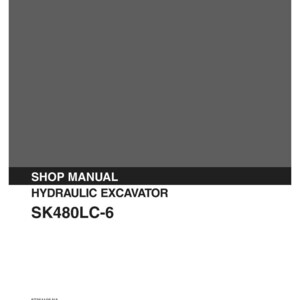 May include: A gray and white Kobelco shop manual for a hydraulic excavator model SK480LC-6. The cover features the brand name at the top, the text SHOP MANUAL HYDRAULIC EXCAVATOR SK480LC-6, the number 87364108 NA, and Issued 07-2006 with APPLICABLE: SK480LC-6 YS06U0101-.