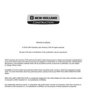 May include: A document with the "NEW HOLLAND CONSTRUCTION" logo, a black and white oval with text. The document includes text about technical publications and tools, copyright information, and trademark details. Printed in Brazil.