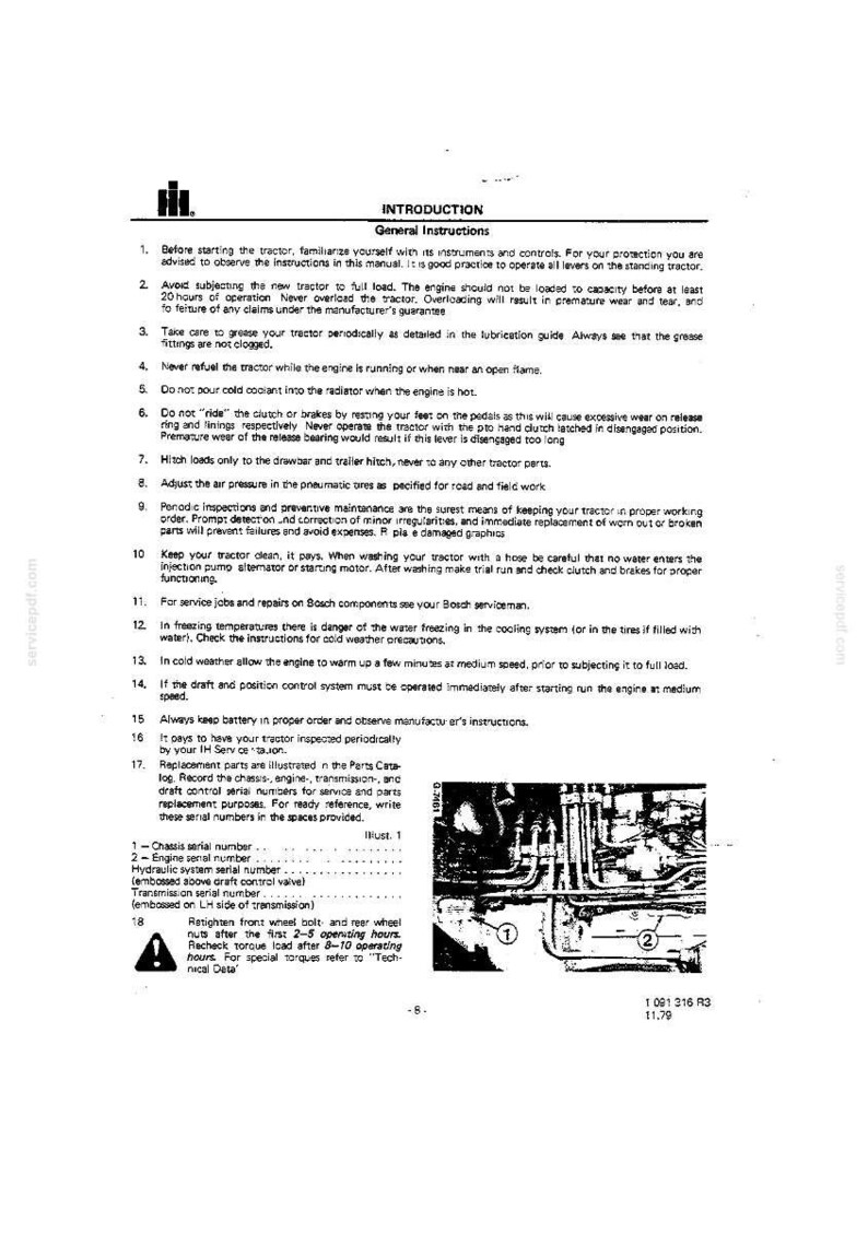 K&ouml;nnte beinhalten: Eine Seite aus einem Handbuch mit der &Uuml;berschrift &bdquo;EINF&Uuml;HRUNG Allgemeine Anweisungen&ldquo;. Der Text enth&auml;lt Richtlinien f&uuml;r den Betrieb und die Wartung von Traktoren, einschlie&szlig;lich Sicherheitsvorkehrungen, Schmierung und Inspektion. Enth&auml;lt ein Diagramm.