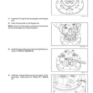 May include: Diagram of hydrostatic drive pump and motor components. Instructions include installing valve plates, O-rings, and base plates. The image shows the assembly process with torque specifications of 145 N-m (106.95 lb ft) and 2-3 N-m (17.7 - 26.6 lb in).