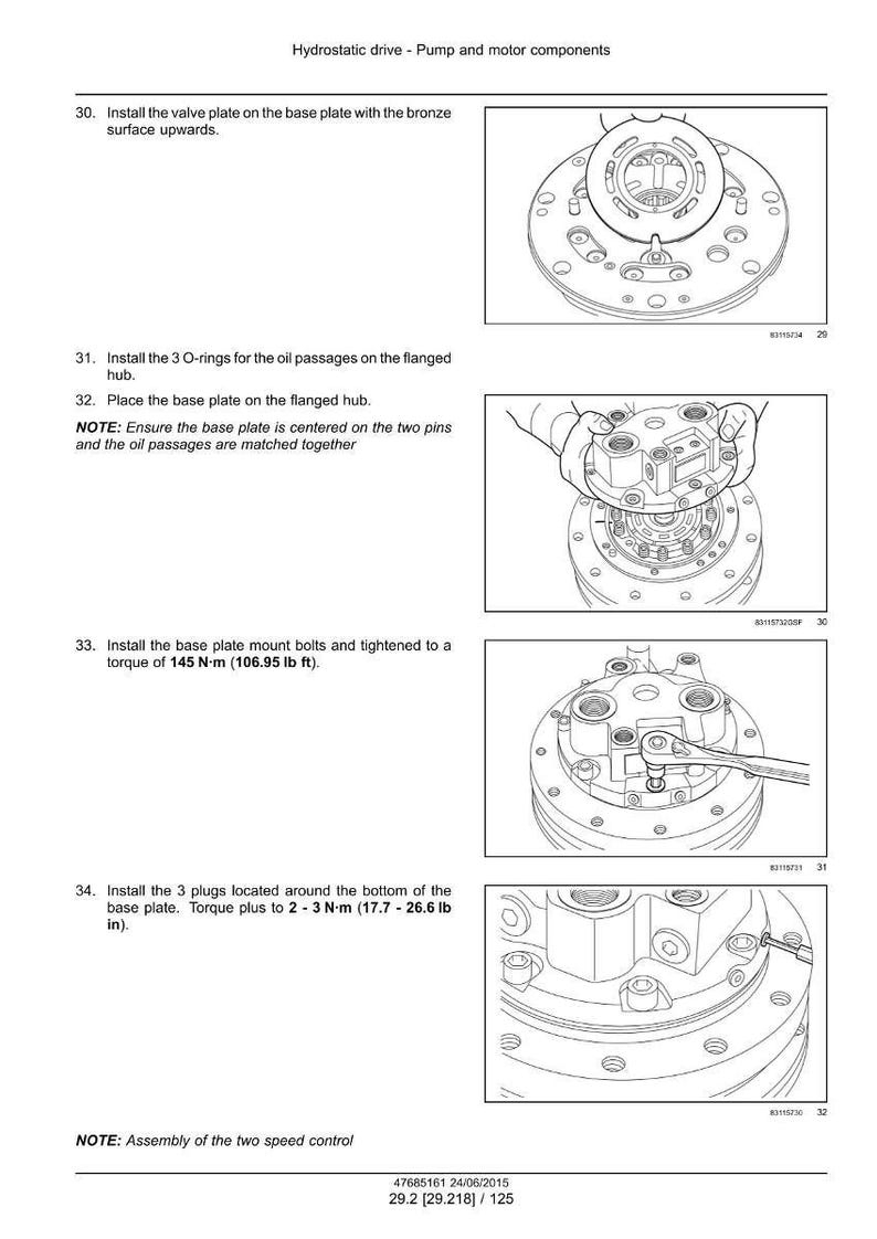 May include: Diagram of hydrostatic drive pump and motor components. Instructions include installing valve plates, O-rings, and base plates. The image shows the assembly process with torque specifications of 145 N-m (106.95 lb ft) and 2-3 N-m (17.7 - 26.6 lb in).