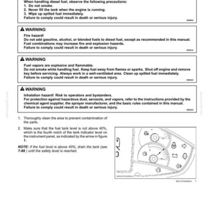 May include: A technical manual page titled 7-MAINTENANCE Fuel filters - Cleaning glass first stage fuel filter. It contains four warning boxes regarding fire and inhalation hazards, followed by instructions and a diagram of an instrument panel.