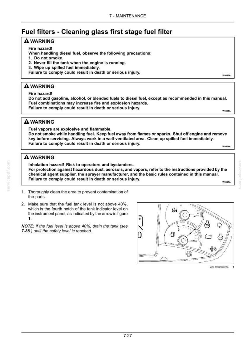 May include: A technical manual page titled 7-MAINTENANCE Fuel filters - Cleaning glass first stage fuel filter. It contains four warning boxes regarding fire and inhalation hazards, followed by instructions and a diagram of an instrument panel.