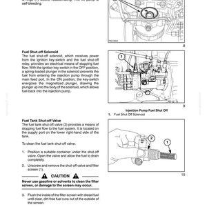 May include: A technical manual page titled SECTION 10 - ENGINE - CHAPTER 4, featuring black and white line drawings of engine components, including a fuel lift pump, a fuel shut-off solenoid, and a fuel tank shut-off valve with a filter screen.