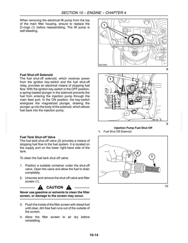 May include: A technical manual page titled SECTION 10 - ENGINE - CHAPTER 4, featuring black and white line drawings of engine components, including a fuel lift pump, a fuel shut-off solenoid, and a fuel tank shut-off valve with a filter screen.