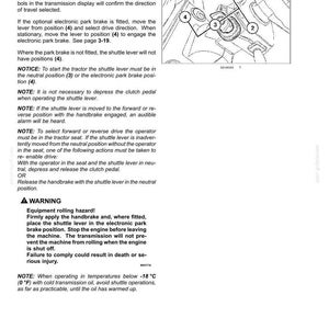 May include: A technical manual page titled 6-WORKING OPERATIONS featuring a black and white line drawing of a tractor shuttle lever. The diagram labels positions 1, 2, 3, and 4, accompanied by instructional text regarding gear selection and safety.