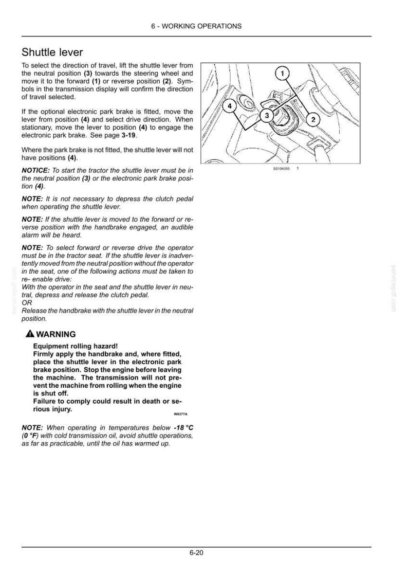 May include: A technical manual page titled 6-WORKING OPERATIONS featuring a black and white line drawing of a tractor shuttle lever. The diagram labels positions 1, 2, 3, and 4, accompanied by instructional text regarding gear selection and safety.