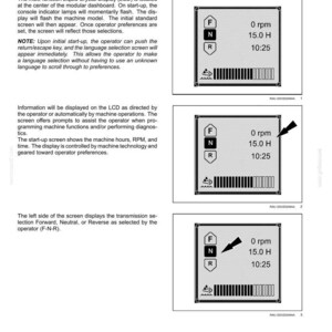 May include: A page from a manual showing a multi-function display screen. The screen displays information such as RPM, time, and gear selection. The screen has a black border and white text.