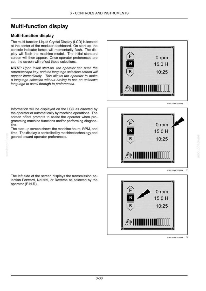 May include: A page from a manual showing a multi-function display screen. The screen displays information such as RPM, time, and gear selection. The screen has a black border and white text.