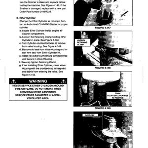Op de afbeelding: Een pagina uit een technisch handboek getiteld Section IV- MAINTENANCE met zwart-wit instructiediagrammen. Het bevat tekstinstructies voor een brandstofvulzeef en ethercilinder, met gelabelde figuren die een vulzeef, een borgklem, een cilinderverwijderingsproces en een stofkap tonen.