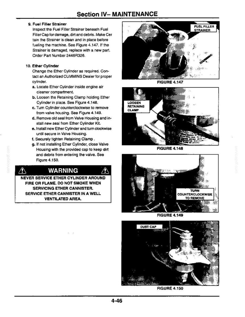Op de afbeelding: Een pagina uit een technisch handboek getiteld Section IV- MAINTENANCE met zwart-wit instructiediagrammen. Het bevat tekstinstructies voor een brandstofvulzeef en ethercilinder, met gelabelde figuren die een vulzeef, een borgklem, een cilinderverwijderingsproces en een stofkap tonen.