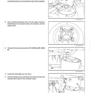 Puede incluir: Diagrama de instalaci&oacute;n del tambor de transmisi&oacute;n de disco de la barra de corte. Las instrucciones incluyen la colocaci&oacute;n del tambor, la instalaci&oacute;n de tornillos con un trinquete y la instalaci&oacute;n del protector. Medidas en cm y kg.