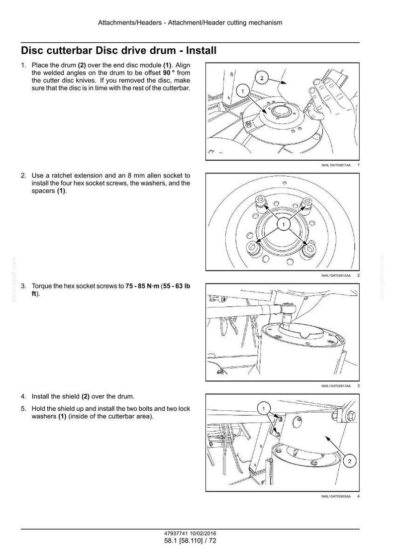 Puede incluir: Diagrama de instalaci&oacute;n del tambor de transmisi&oacute;n de disco de la barra de corte. Las instrucciones incluyen la colocaci&oacute;n del tambor, la instalaci&oacute;n de tornillos con un trinquete y la instalaci&oacute;n del protector. Medidas en cm y kg.
