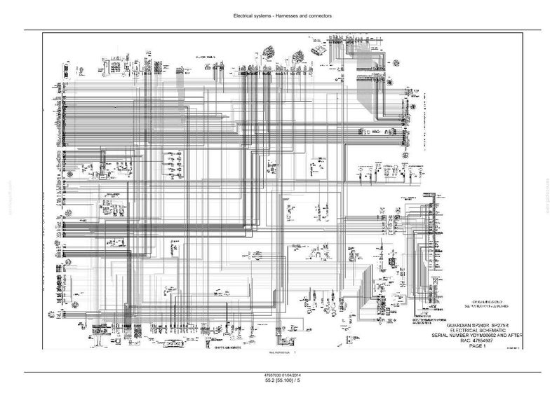 May include: A detailed black and white electrical schematic diagram. The diagram features numerous lines, symbols, and text, labeled "Electrical systems - Harnesses and connectors". Includes text: "GUARDIAN B72451, B72754 ELECTRICAL SCHEMATIC SERIAL NUMBER YDH00002 AND AFTER RAC 4786467 PAGE 1".