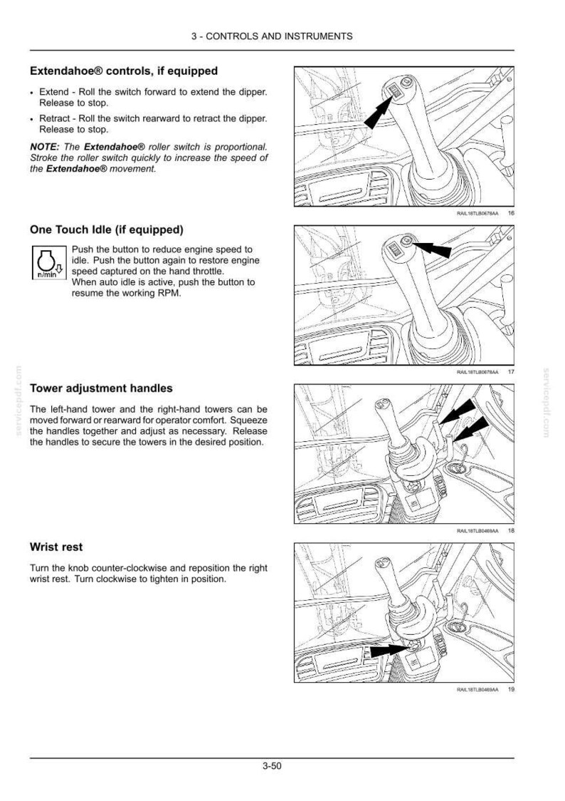 May include: Diagram of vehicle controls and instruments, including Extendahoe controls, One Touch Idle, tower adjustment handles, and wrist rest. The image includes text and illustrations of the controls.
