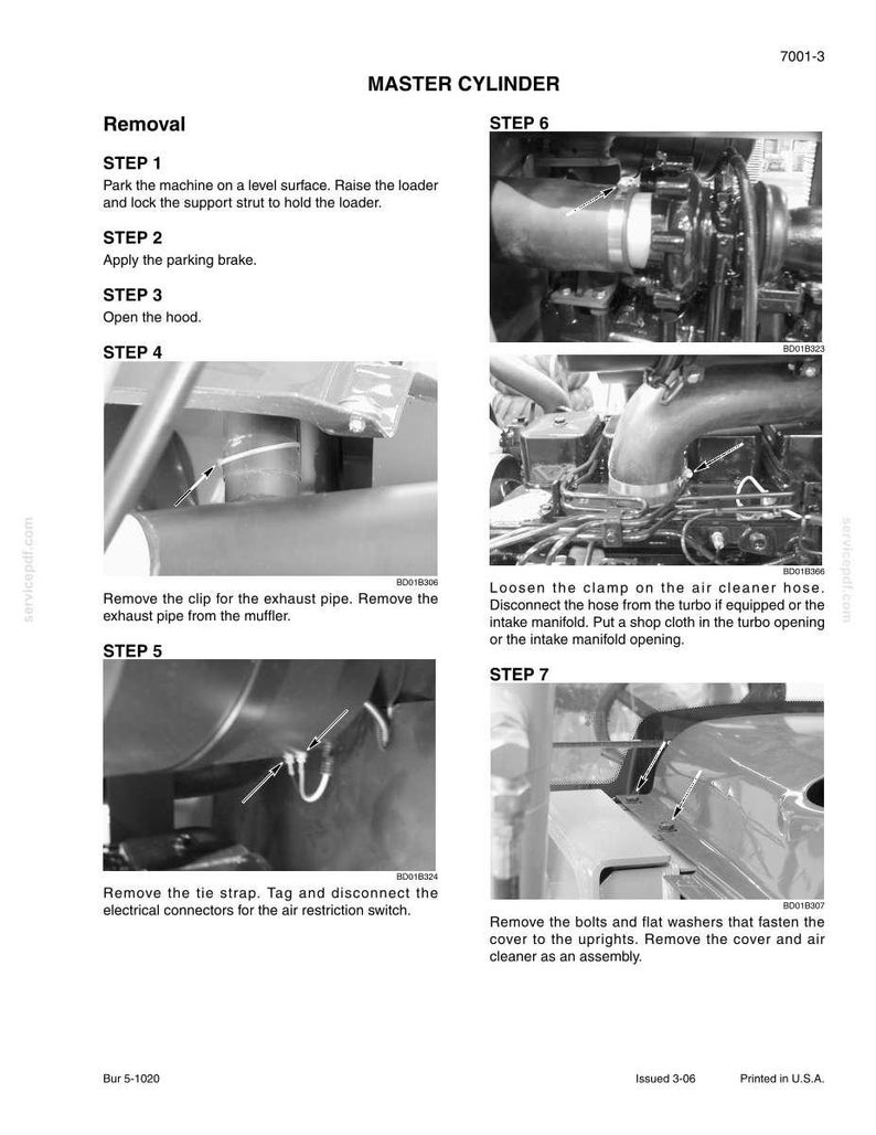 Op de afbeelding: Een zwart-wit diagram van het verwijderingsproces van een hoofdremcilinder. De stappen omvatten het verwijderen van clips, slangen en elektrische connectoren. Tekst geeft instructies voor elke stap. De afbeelding is een pagina uit een servicehandleiding.