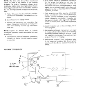 Pode incluir: Diagrama dos procedimentos de ajuste do cilindro de dire&ccedil;&atilde;o, incluindo os &acirc;ngulos m&aacute;ximos de viragem. A imagem inclui pe&ccedil;as rotuladas: soquetes do cilindro, mangas de dire&ccedil;&atilde;o e cilindros de dire&ccedil;&atilde;o. As instru&ccedil;&otilde;es de texto tamb&eacute;m est&atilde;o inclu&iacute;das.