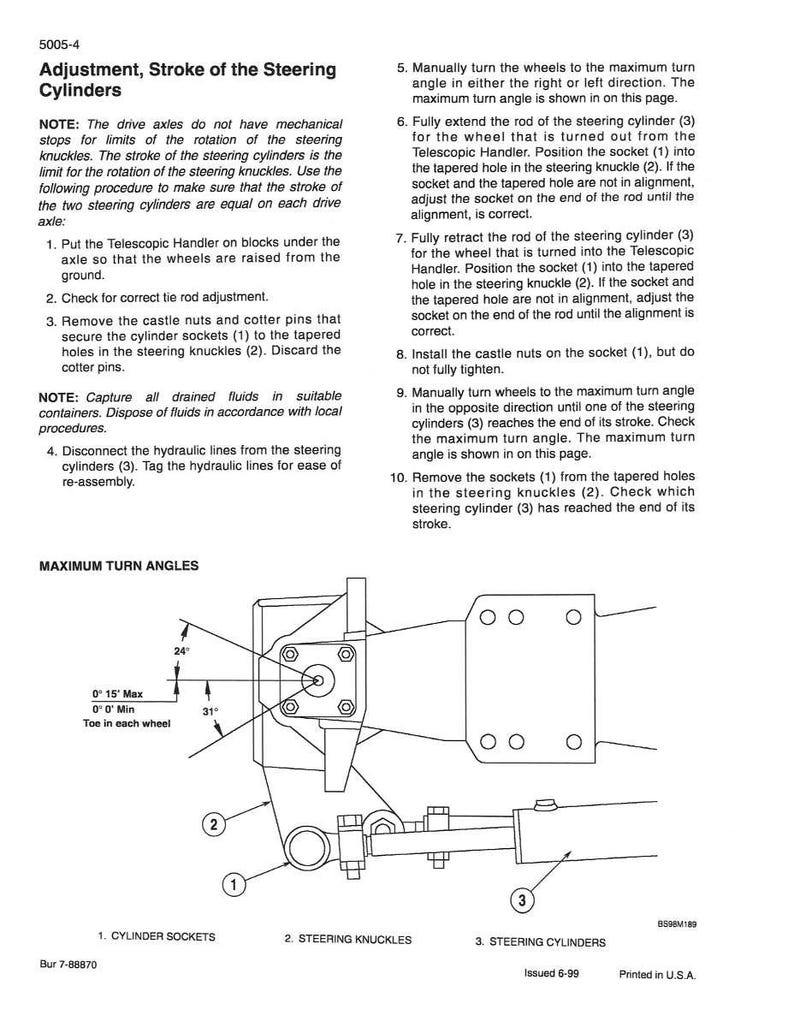 Pode incluir: Diagrama dos procedimentos de ajuste do cilindro de dire&ccedil;&atilde;o, incluindo os &acirc;ngulos m&aacute;ximos de viragem. A imagem inclui pe&ccedil;as rotuladas: soquetes do cilindro, mangas de dire&ccedil;&atilde;o e cilindros de dire&ccedil;&atilde;o. As instru&ccedil;&otilde;es de texto tamb&eacute;m est&atilde;o inclu&iacute;das.