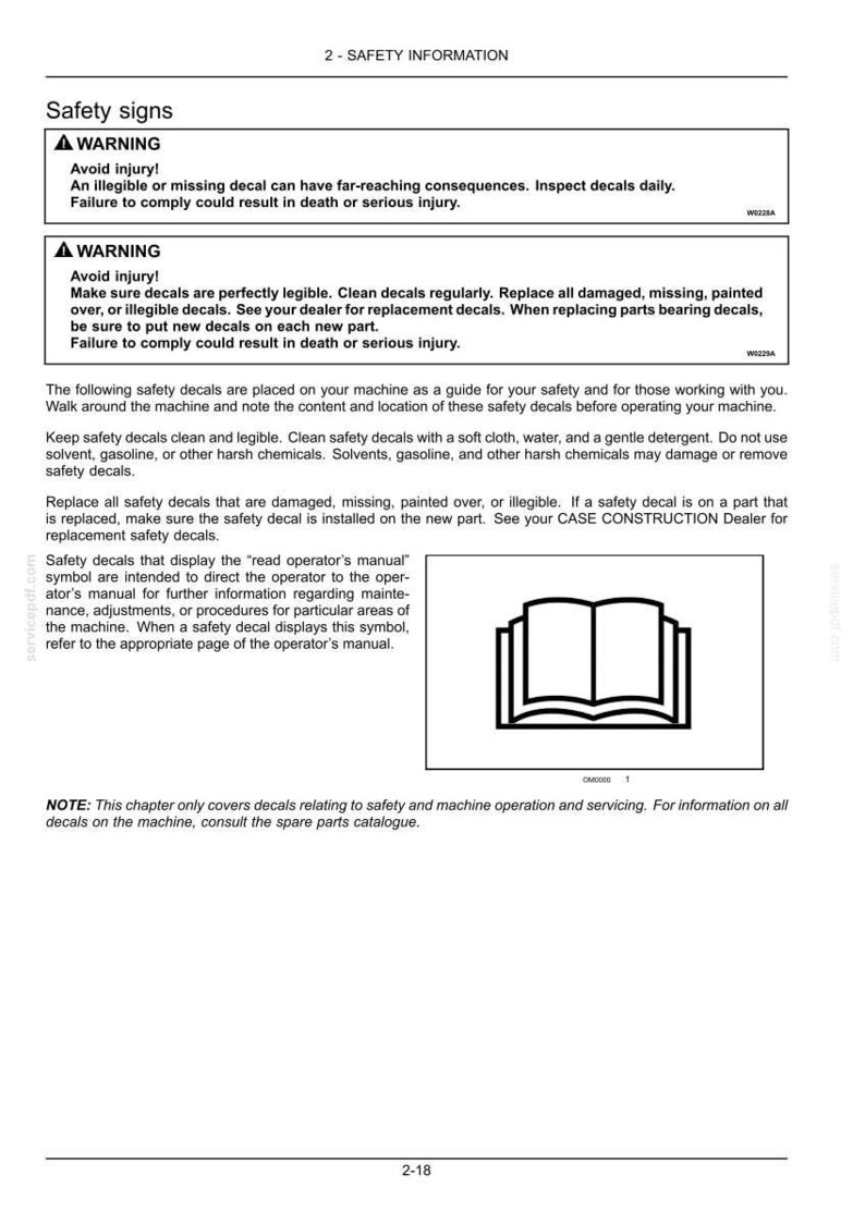 May include: A page from a manual titled "2 - SAFETY INFORMATION" with safety warnings. The page includes text about safety decals and a symbol indicating the need to consult the operator's manual.