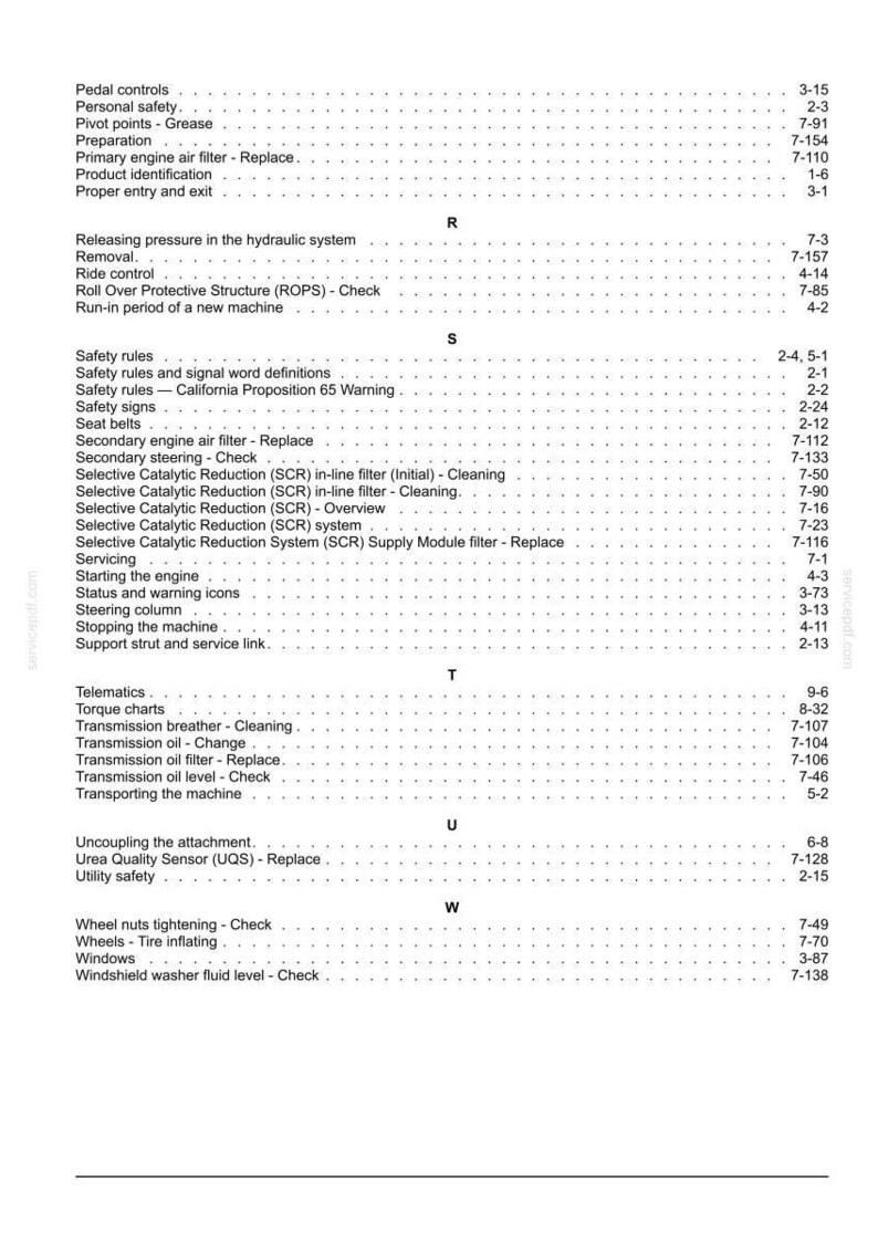 May include: A detailed page from a manual, listing various mechanical and safety-related topics. The text includes terms like "Pedal controls," "Safety rules," and "Transmission oil." The page is white with black text.