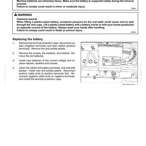 Puede incluir: P&aacute;gina de un manual de mantenimiento que detalla la extracci&oacute;n e instalaci&oacute;n de la bater&iacute;a. El texto incluye advertencias de seguridad sobre piezas pesadas y riesgos qu&iacute;micos. Se proporcionan instrucciones numeradas y un diagrama.