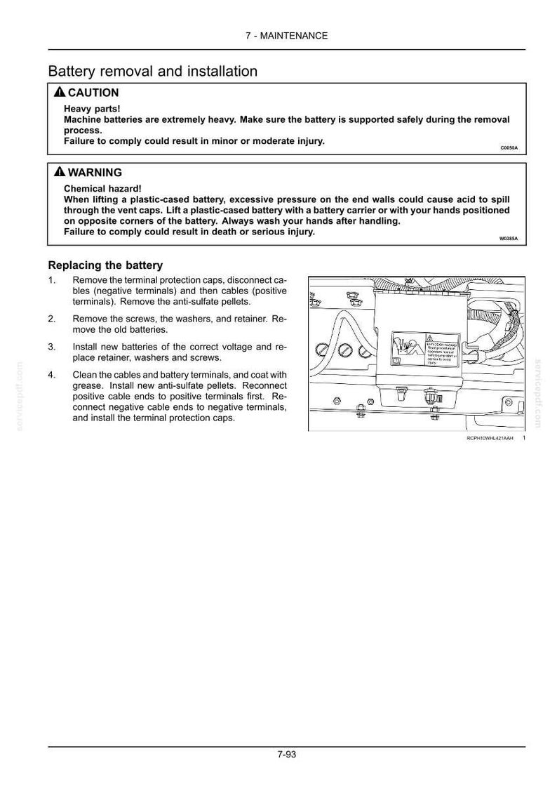 Puede incluir: P&aacute;gina de un manual de mantenimiento que detalla la extracci&oacute;n e instalaci&oacute;n de la bater&iacute;a. El texto incluye advertencias de seguridad sobre piezas pesadas y riesgos qu&iacute;micos. Se proporcionan instrucciones numeradas y un diagrama.
