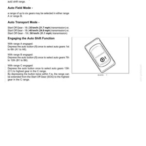 May include: A technical manual page titled 6-WORKING OPERATIONS detailing the Auto Shift Function. It includes text instructions for Auto Field and Transport modes, gear ranges, and a line drawing of a rectangular button with an A and arrow icon.