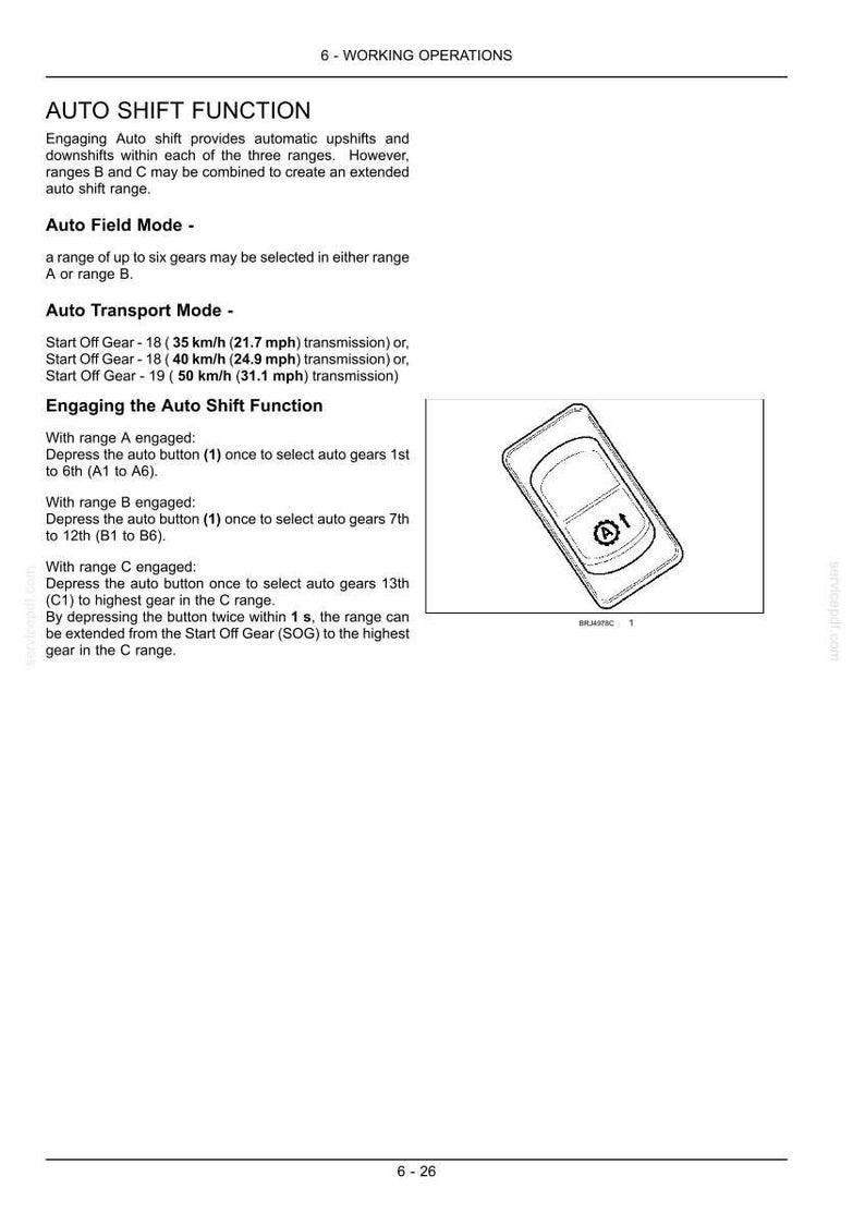 May include: A technical manual page titled 6-WORKING OPERATIONS detailing the Auto Shift Function. It includes text instructions for Auto Field and Transport modes, gear ranges, and a line drawing of a rectangular button with an A and arrow icon.