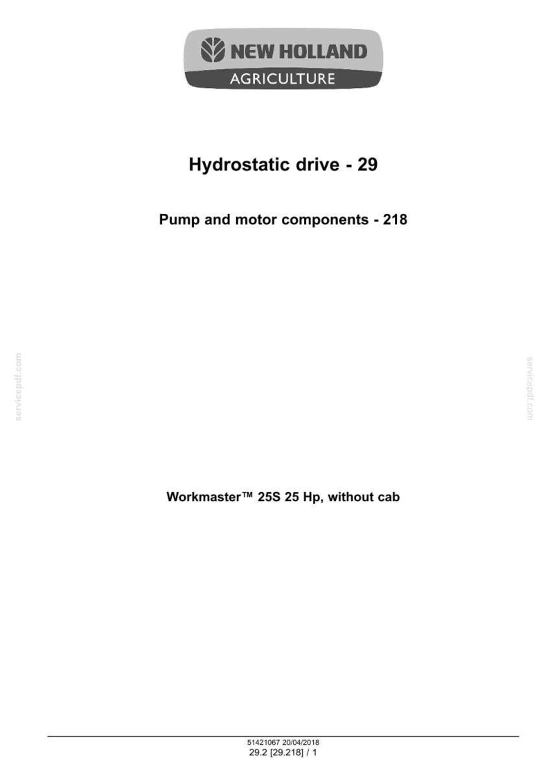 May include: A white document with the New Holland Agriculture logo at the top. Text includes "Hydrostatic drive - 29", "Pump and motor components - 218", and "Workmaster 25S 25 Hp, without cab".