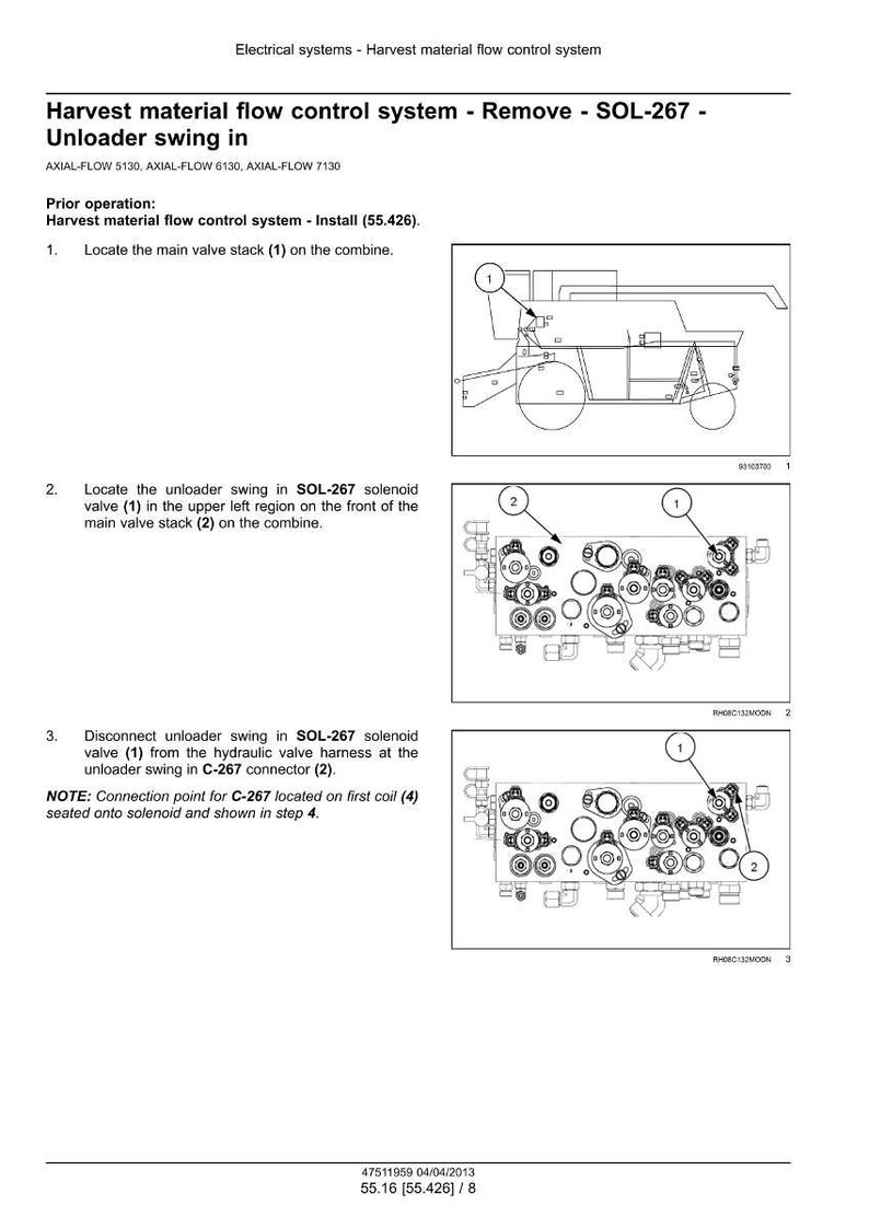 K&ouml;nnte beinhalten: Diagramm zum Ausbau des Entladeschwingers in einem SOL-267 Magnetventil des Erntegutflussregelungssystems. Enth&auml;lt Illustrationen von Ventilstapeln und Anschlusspunkten mit Beschriftungen f&uuml;r jede Komponente.