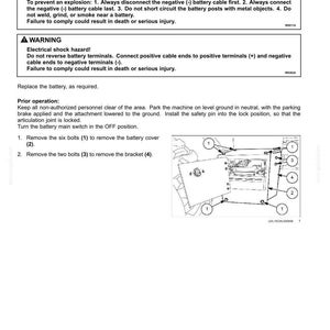 May include: Diagram from a maintenance manual detailing battery replacement. The image includes warnings about explosion and electrical shock hazards, along with numbered steps and labeled components like bolts and brackets. The text provides instructions for safe battery replacement.